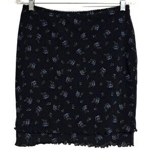 90s Currants Mini Skirt Womens Size L Floral Print Black Nylon & Polyester Vinta